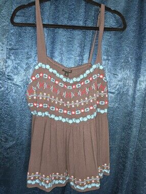 Gray Embroidered Tank Top with Turquoise & Red Floral Detail
